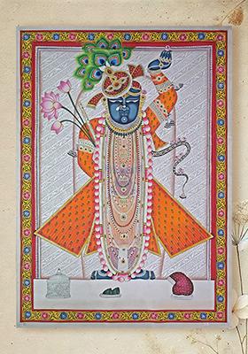 Shrinathji with Flute and Lotus Pichwai Painting
