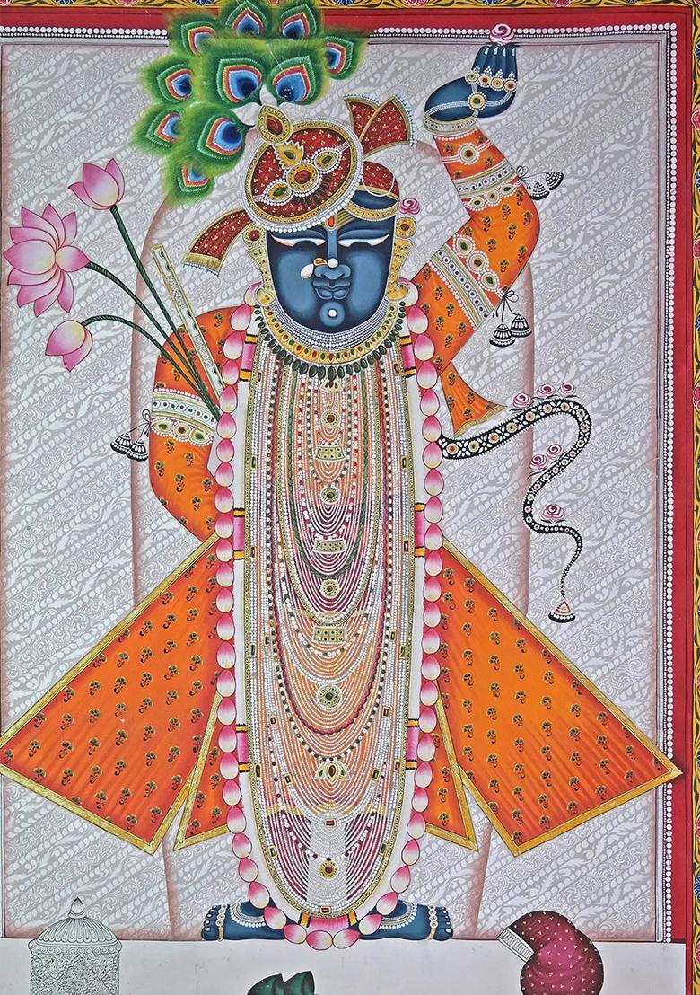 Shrinathji with Flute and Lotus Pichwai Painting