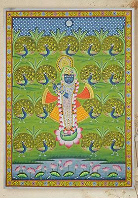 Lord Shrinathji with Peacocks by the Pond Traditional Pichwai Painting