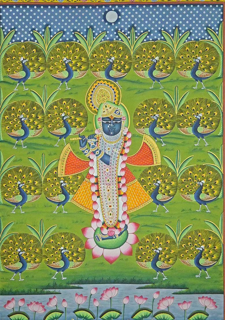 Lord Shrinathji with Peacocks by the Pond Traditional Pichwai Painting