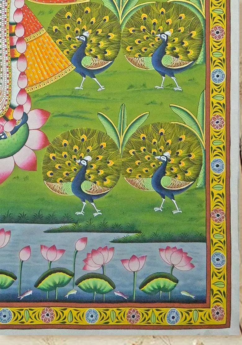 Lord Shrinathji with Peacocks by the Pond Traditional Pichwai Painting