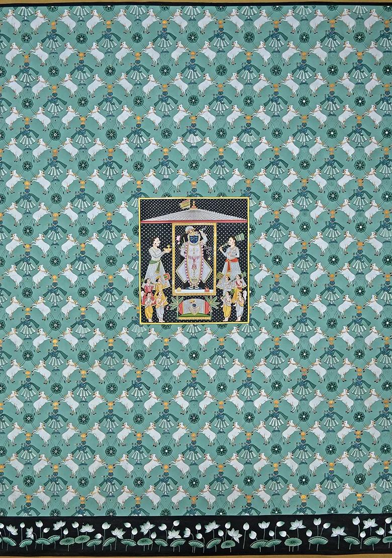 Divine View of Shrinathji Worshipping Traditional Pichwai Painting