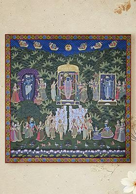 Shrinathji in Sharad Purnima with Three Swaroop Traditional Pichwai Painting