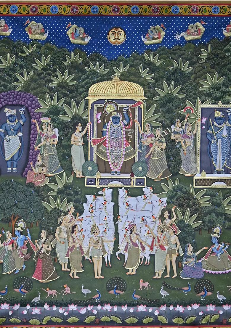 Shrinathji in Sharad Purnima with Three Swaroop Traditional Pichwai Painting