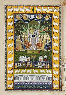 Lord Shrinathji Worshipped by Devotees Traditional Pichwai Painting