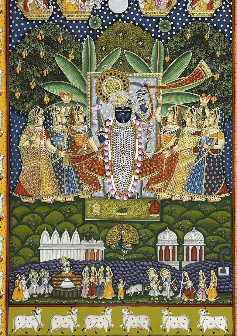 Lord Shrinathji Worshipped by Devotees Traditional Pichwai Painting