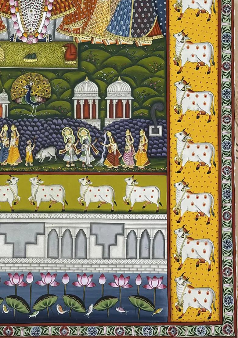 Lord Shrinathji Worshipped by Devotees Traditional Pichwai Painting