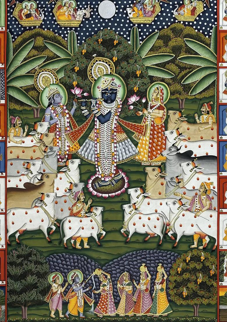 Lord Shrinathji with Cows Pichwai Painting Traditional Nathdwara Art