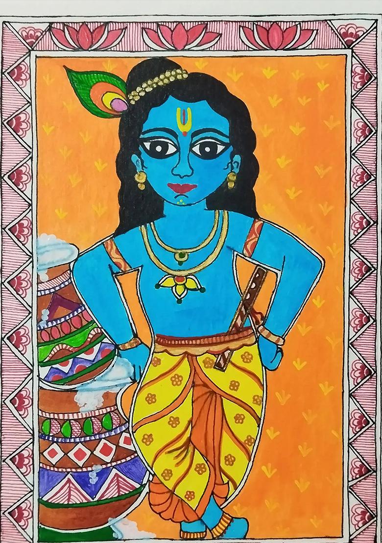 Bal Krishna Madhubani Painting Traditional Indian Folk Art