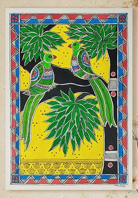 Parrot Madhubani Painting Traditional Indian Folk Art for Home Décor