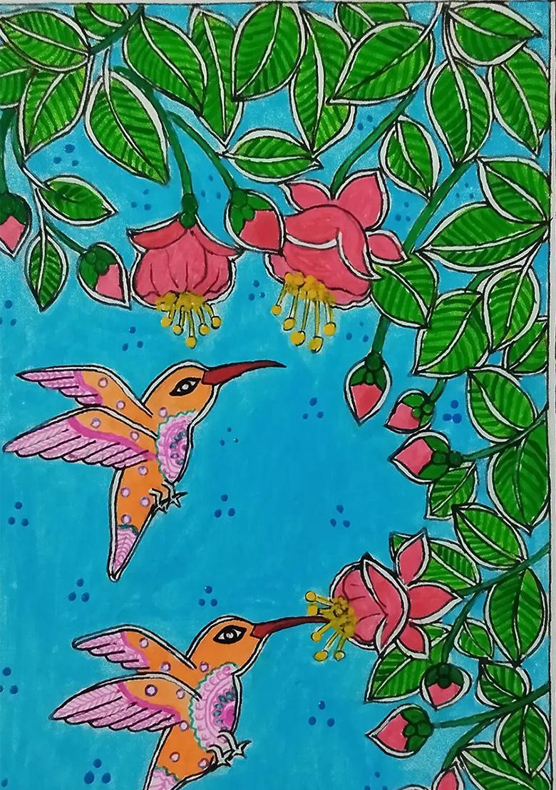 Humming Birds Madhubani Painting Nature Inspired Indian Folk Art