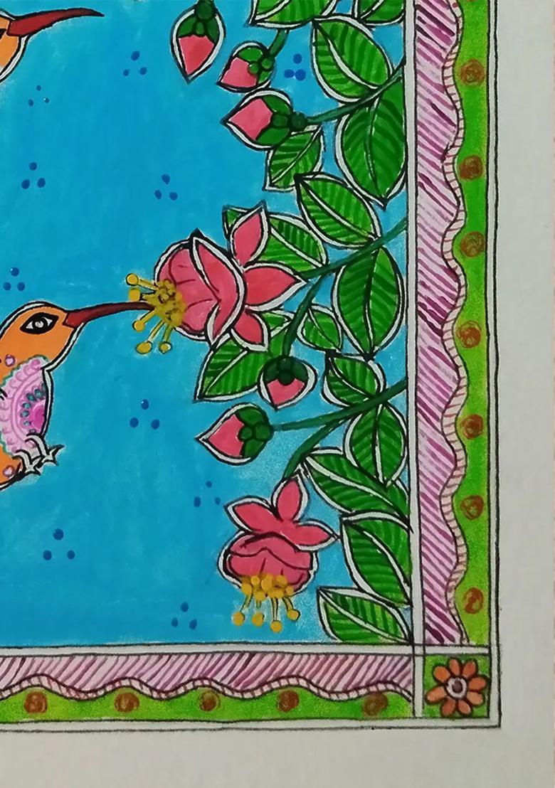 Humming Birds Madhubani Painting Nature Inspired Indian Folk Art
