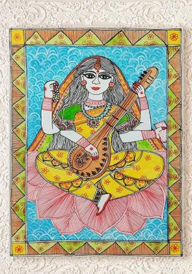 Maa Saraswati Madhubani Painting Traditional Indian Folk Art