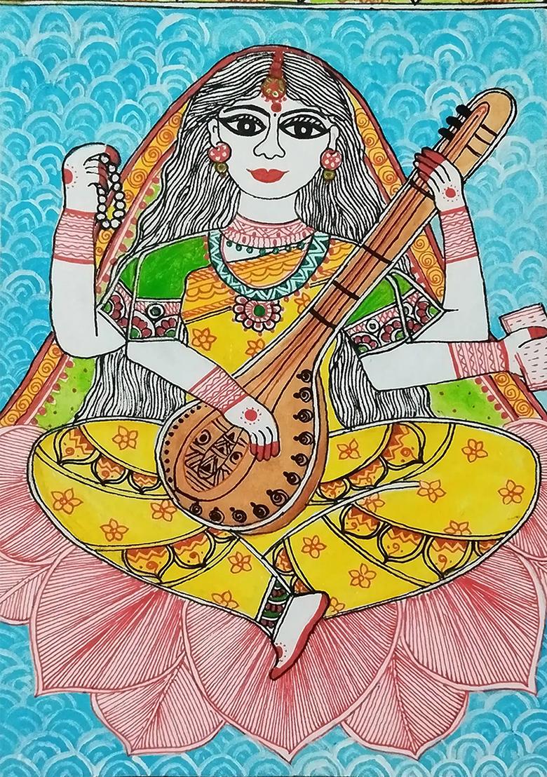 Maa Saraswati Madhubani Painting Traditional Indian Folk Art