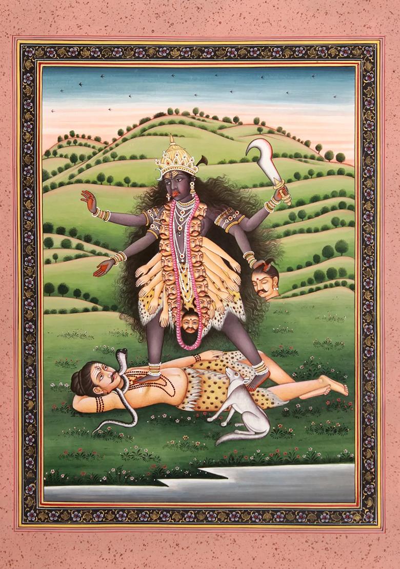 Mahavidya Kali Fierce Beauty with Flowing Locks and Bloodied Hands