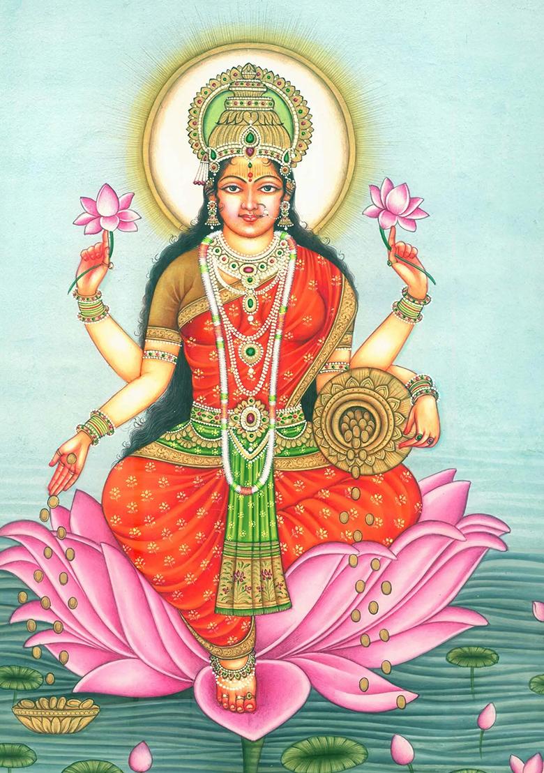 Divine Prosperity Goddess Dhana Lakshmi Seated on a Lotus in a Serene Pond