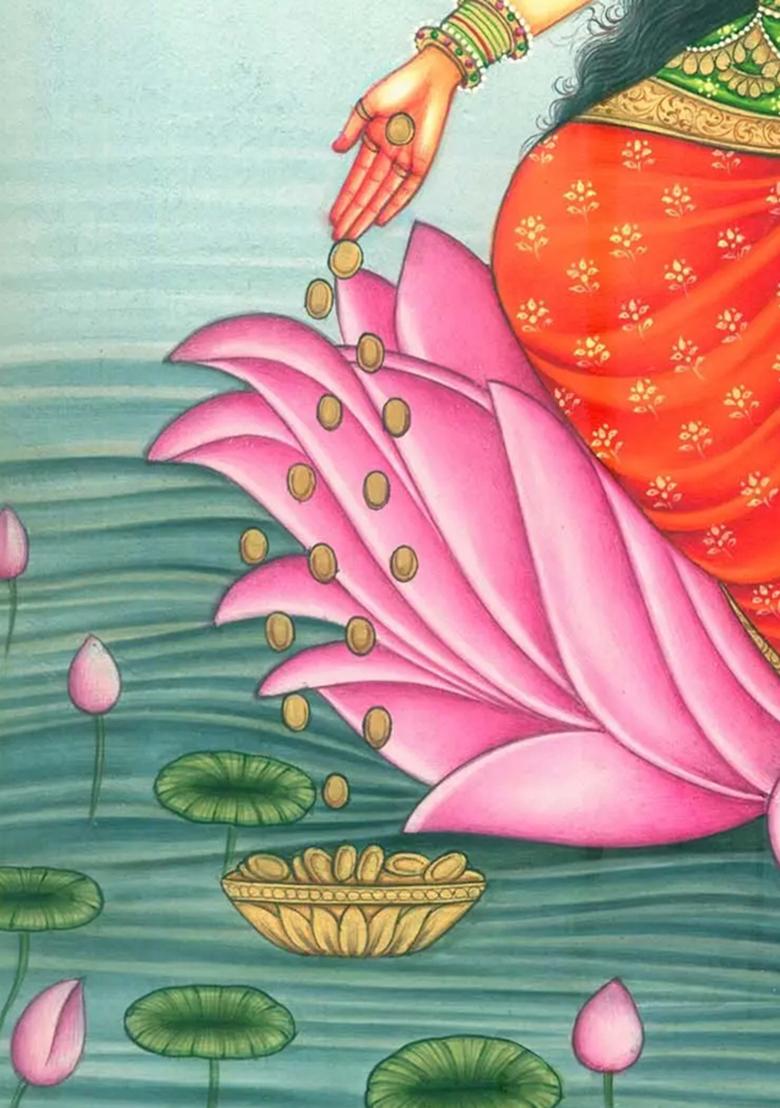 Divine Prosperity Goddess Dhana Lakshmi Seated on a Lotus in a Serene Pond