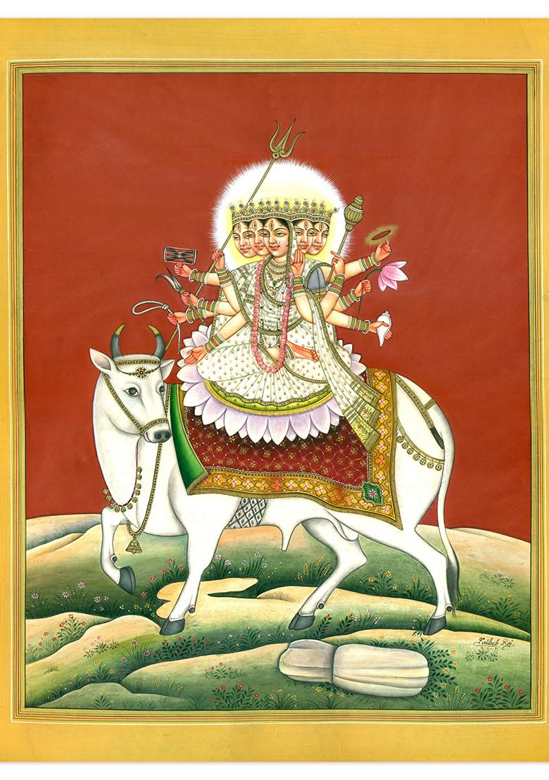 Virasana Devi Mahagauri The Radiant Goddess of Purity and Strength Watercolor on Canvas