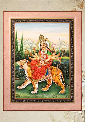 AshtaBhuja Dhari Devi Durga Watercolor Painting Divine Goddess Art on Canvas