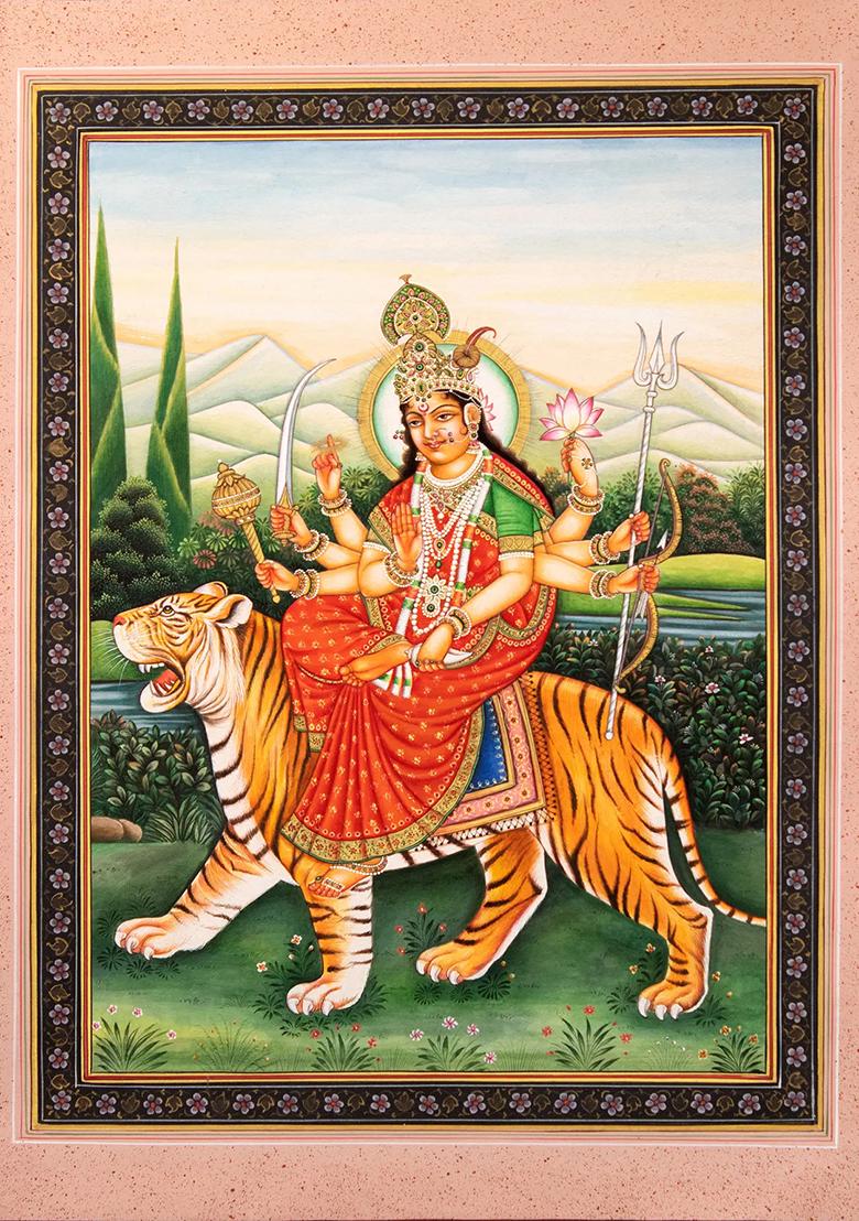 AshtaBhuja Dhari Devi Durga Watercolor Painting Divine Goddess Art on Canvas