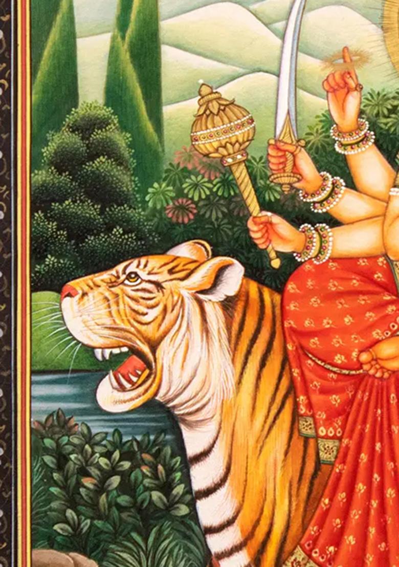 AshtaBhuja Dhari Devi Durga Watercolor Painting Divine Goddess Art on Canvas