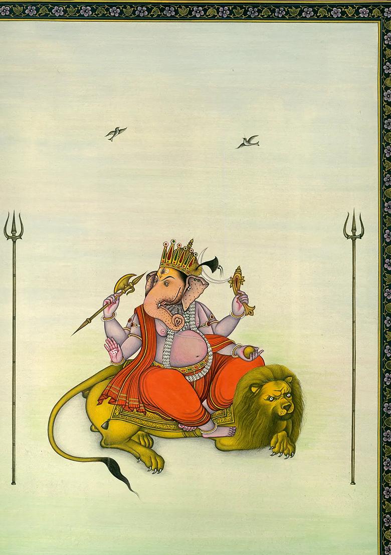 The Simha Vahana of Lord Ganesha A Majestic Miniature Painting