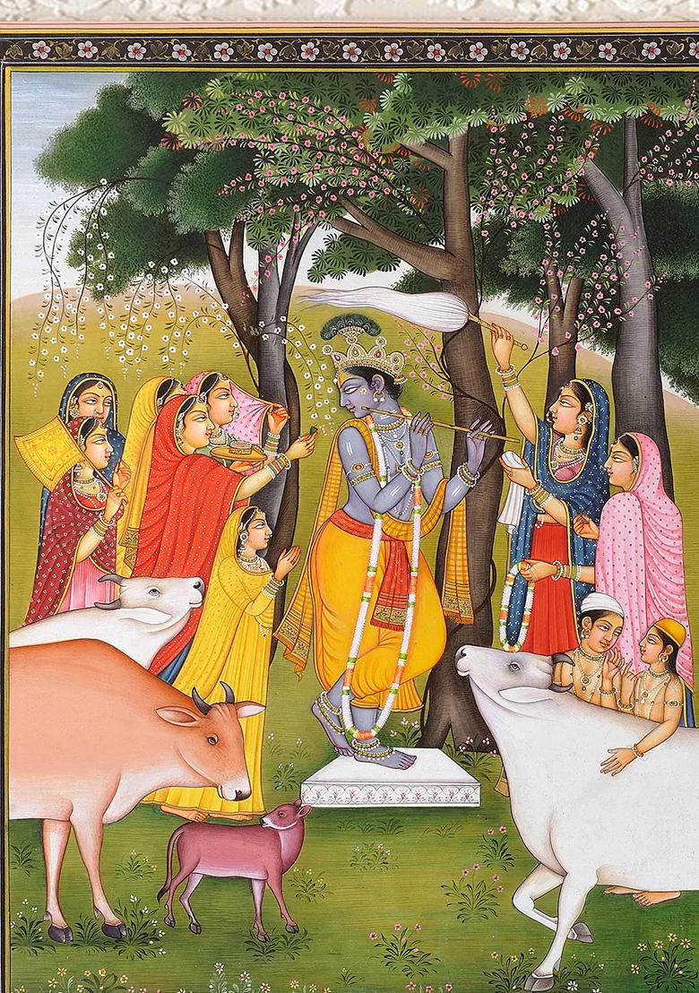 Gopis Pleasing Krishna A Stunning Miniature Painting of Divine Love