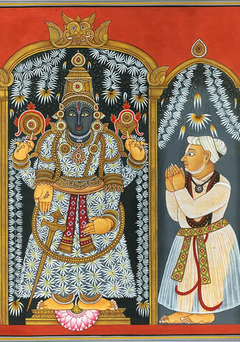 Lord Venkateshvara as Balaji with Devotee A Sacred Painting of Devotion