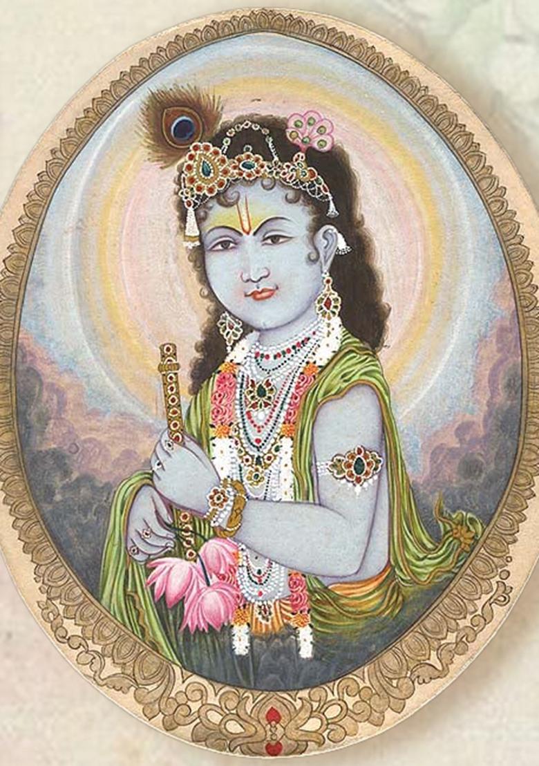 Lord Krishna Viewing the Mortal World Divine Indian Artwork