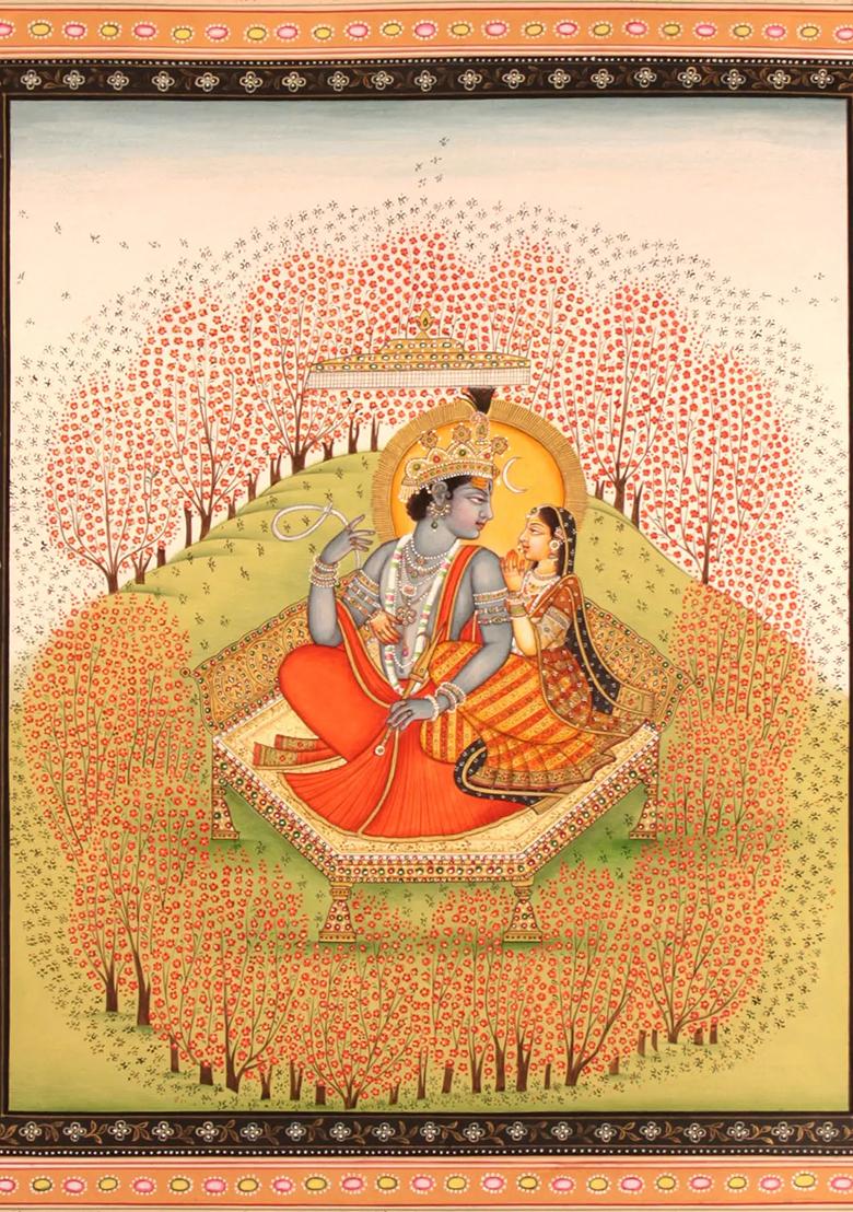 Divine Love of Shiva and Parvati in a Serene Grove Traditional Indian Art