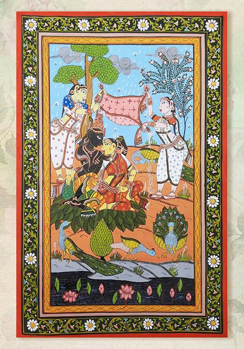 Radha Krishna In Lovely Bond Patachitra Art Stone Color Folk Painting