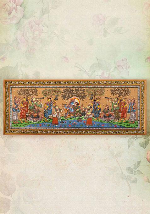 Lord Krishna Rasalila Patachitra Painting Natural Color Painting On Tussar Silk Folk Painting