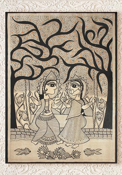 Radha Krishna On Swing Madhubani Painting Folk Painting