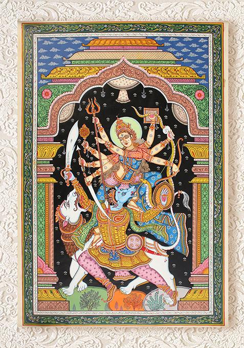 Goddess Durga Killing Mahishasura With Lion Patta Folk Painting