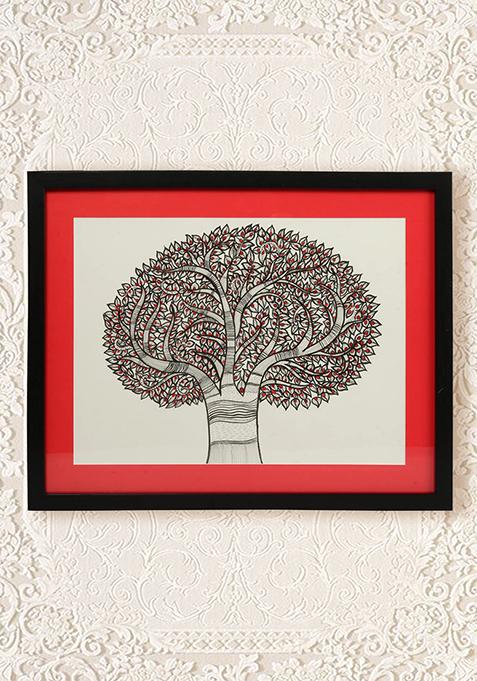 Madhubani Red Tree Acrylic On Canvas Folk Painting