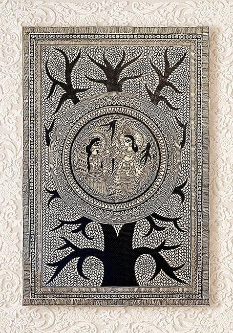 Radha Krishna Attraction Of Center Acrylic On Handmade Paperfolk Painting