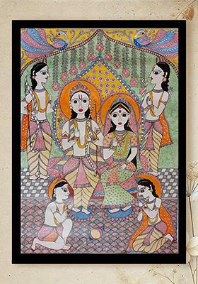 Shree Ram Darbar With Frame Acrylic Color On HMade Paper Lalita Ray Folk Painting