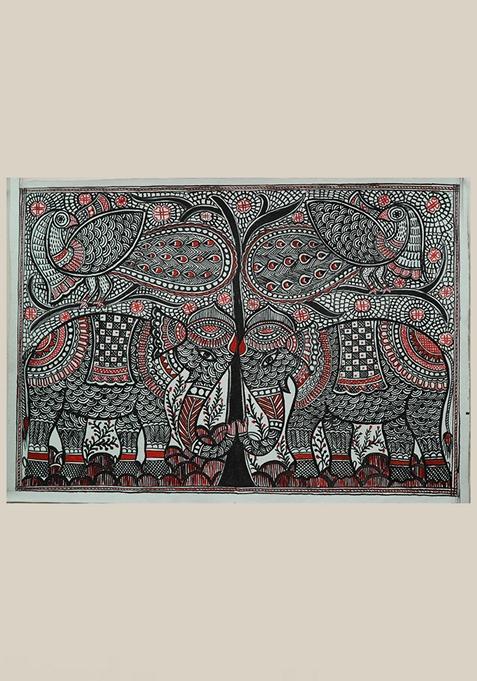 Multi Elephant And Peacock Madhubani Painting