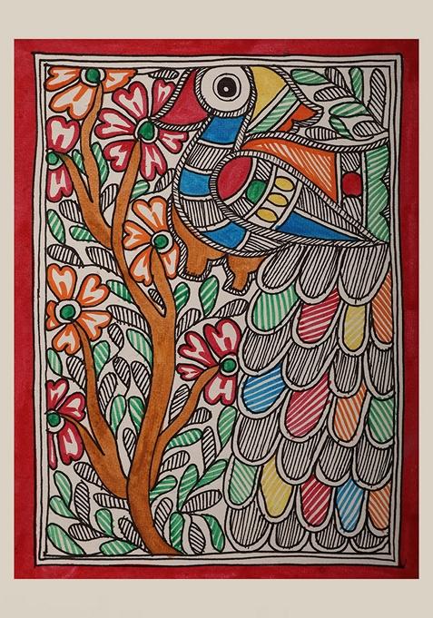 Multi Peacock And Parrot On Tree Madhubani Painting