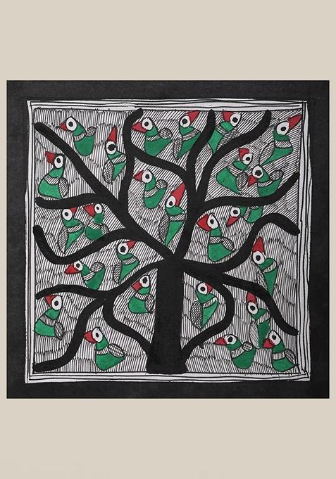 Multi Birds Groups On Tree Madhubani Painting
