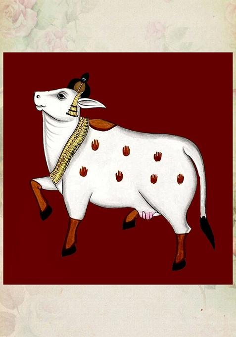 Multi Graceful Cow With Red Pichwai Painting