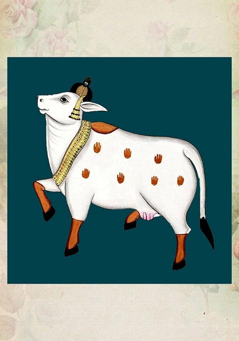Multi Graceful Cow With Blue Pichwai Painting