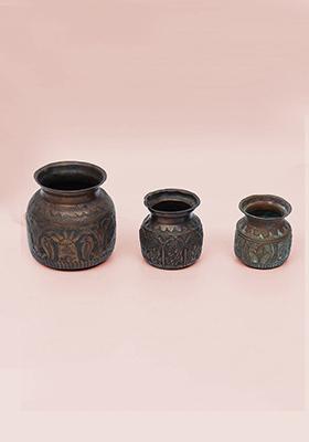 10 Inch Set Of Three Vintage Puja Kalash Brass Ritual Pots For Hindu Worship And Home Decor