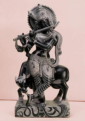 Ord Krishna Playing Flute With Cow