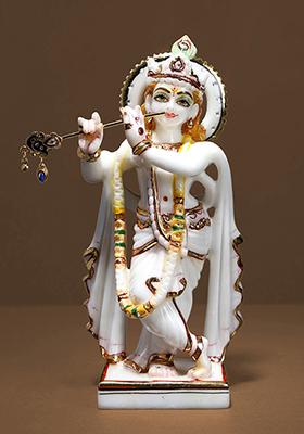 Lord Krishna Playing Flute White Marble Statue Of Divine Melody
