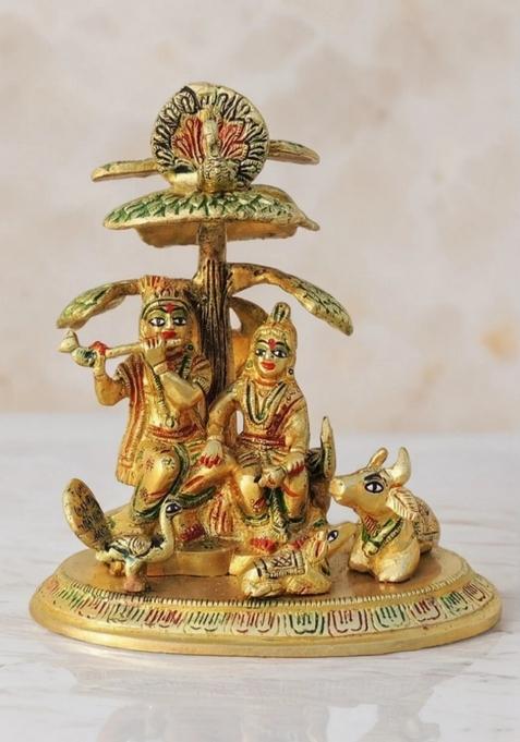 Brass Show Piece Tree Radha Krishna With Cow God Idol Statue