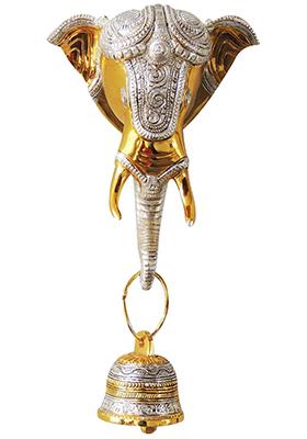 Brass Show Piece Elephant Face With Bell Statue