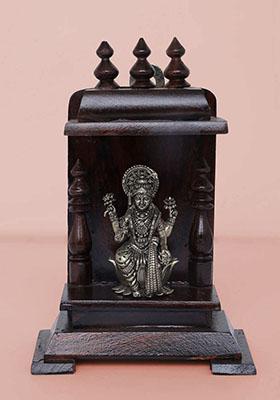 Small Wooden Temple With Brass Goddess Lakshmi Idol Wall Hanging Pooja Mandir