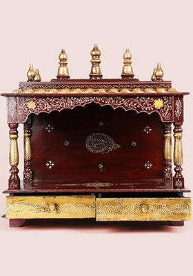 23 Inch Hand Painted Designer Wooden Puja Temple With Double Drawers Elegant Pooja Mandir For Home