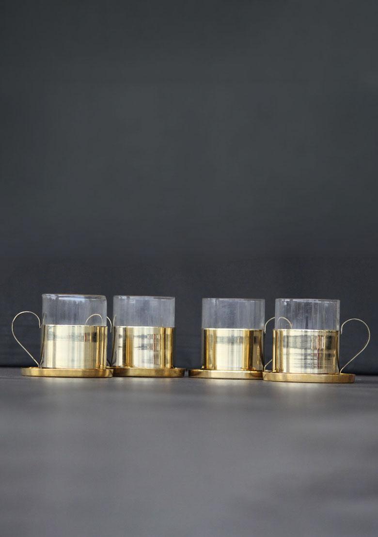 Gold Brass Cup Saucer Set Of 4